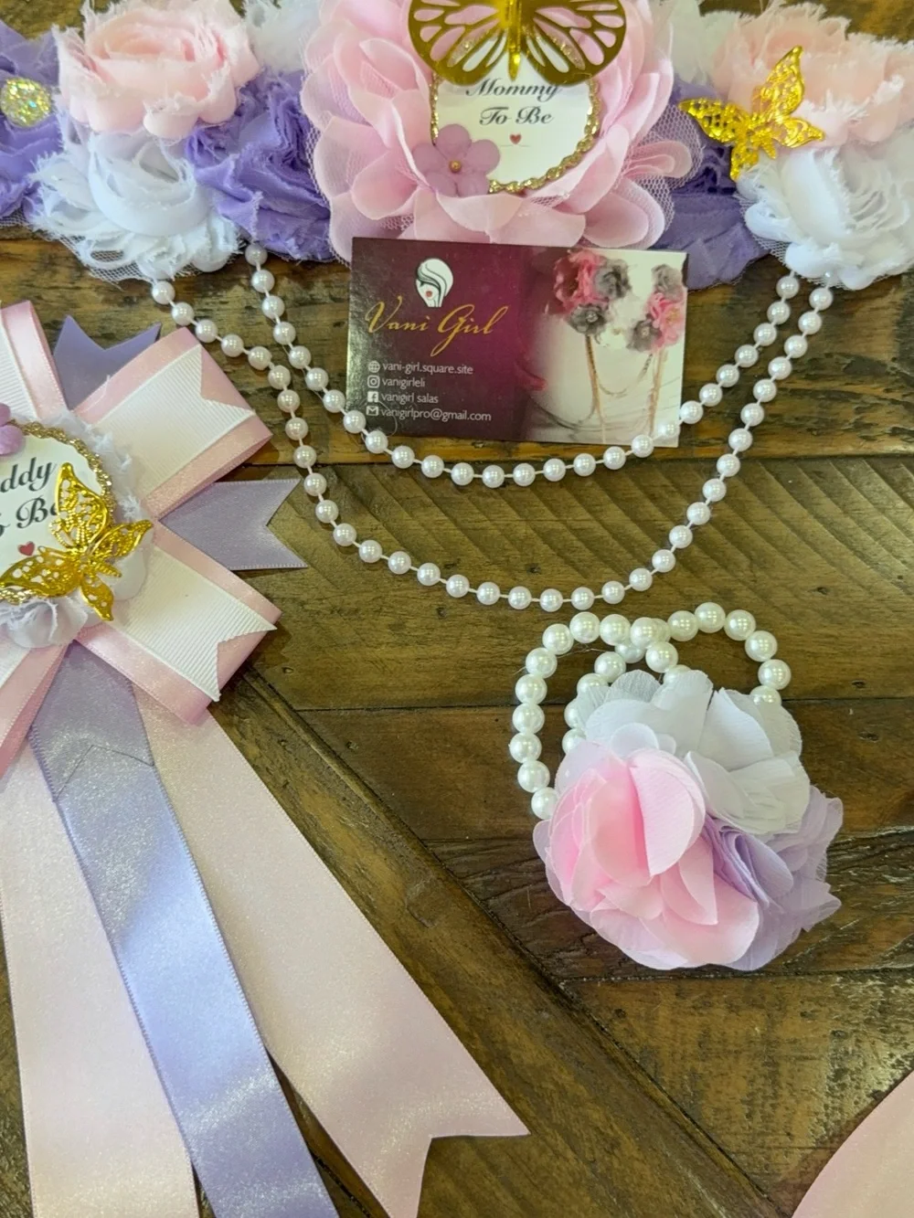 Floral Pink & Lavender Maternity Sash with Pearl Bracelet
